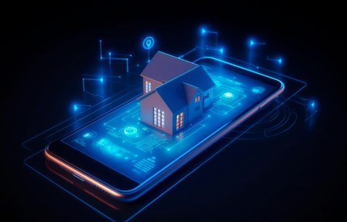 Smartphone screen with smart home technologies on a blue backdrop. Internet of things isometric conceptual image. Digital Residence utilizing a mobile phone's fingerprint to get access to IOT systems. Generative AI illustrator